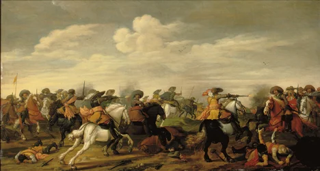 Een cavaleriegevecht in een landschap