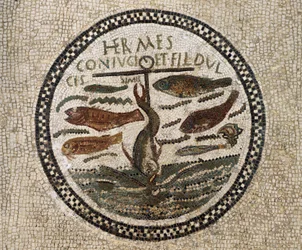 Mozaïek met anker omringd door vissen, symbool van Christus en zijn volgelingen, Catacomben van Sousse, Tunesië, vroegchristelijke periode, 4e eeuw