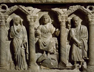 Vroegchristelijke sarcofaag ook bekend als Sarcofaag van de Zalige Giles, marmer, Oratorium van San Bernardino, Perugia, Umbrië, (detail), Italië, 4e eeuw