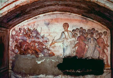 Paleochristelijke kunst (periode van het oude Rome): De doortocht door de Rode Zee. Fresco van de Catacombe van Via Latina in Rome. 4e eeuw
