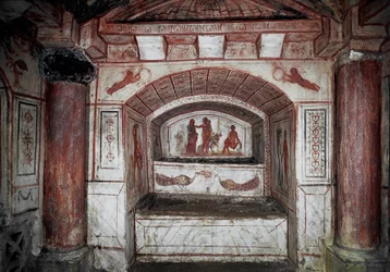 Vroegchristelijke kunst: Hercules (Alcides) brengt Alcestis terug uit de onderwereld en geeft haar terug aan haar echtgenoot Admetos. Fresco uit de 4e eeuw na Chr., Rome, catacomben van de Via Latina