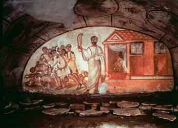 Vroegchristelijke kunst (periode van het oude Rome): Samson, gewapend met een ezelskaak, slacht de 1000 Filistijnen af. Fresco uit de catacombe aan de Via Latina in Rome. 4e eeuw. Vroegchristelijke kunst. Samson die de Filistijnen verslaat met de kaak van