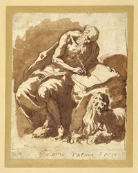 St. Hiëronymus zittend op een rots, schrijvend