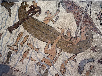 De profeet Jonas wordt in zee geworpen. Detail. Mozaïek van Pantaleone, priester en mozaïekmaker. 1163-1166. Centrale schip van de kathedraal van Otranto (Otranto), Italië