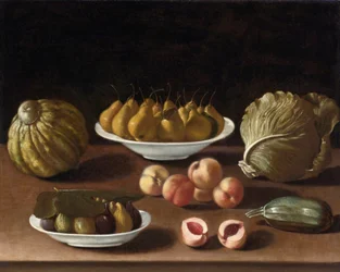 Stilleven met peren, perziken, vijgen, een meloen, kool en merg