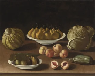 Stilleven met peren, perziken, vijgen, een meloen, kool en merg