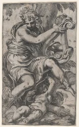 Cupido en Apollo met een lier, ca. 1568