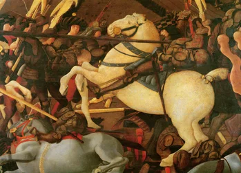 De slag bij San Romano, detail van Bernardino della Ciarda die van zijn paard wordt geworpen, ca. 1456