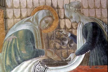 De geboorte van de Maagd, detail (St. Anne die haar handen wast, uit de Kapel van de Hemelvaart, 1433-34)