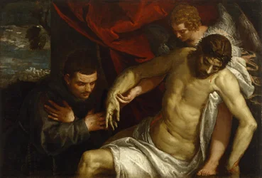 De dode Christus, ondersteund door een engel en aanbeden door een franciscaan