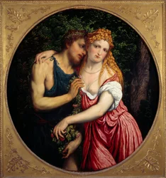 Daphnis en Chloë. Mythologische voorstelling van een paar. Schilderij van Paris Bordon of Bordone (1500-1571)