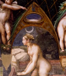 Diana dompelt zich in de bron, uit de Mythe van Diana en Actaeon