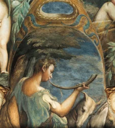 Jager, uit Mythe van Diana en Actaeon, ca.1524 (fresco)