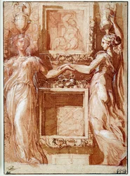 Twee kanephoren die hun hand geven, aan beide zijden van dozen Tekening in inkt, was, bloed en witte flappen door Girolamo Francesco Maria Mazzola, bekend als Parmigianino of Le Parmesan