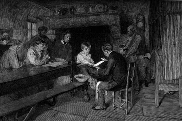 Het ongeluk (1879): een dokter geneest de wond van een jonge boer. Gravure naar het schilderij van Pascal Dagnan-Bouveret (1852-1929). In 