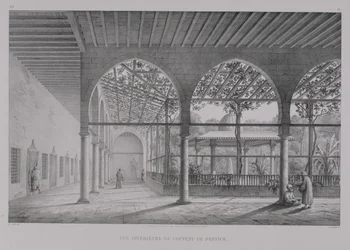 Uitzicht op het interieur van het Dervish Klooster in Caïro, uit 