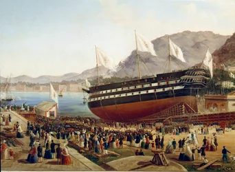 Tewaterlating van het schip Monarca in het arsenaal van Castellammare in Napels in 1854, detail. 19e eeuw, Napels, Museo Nazionale di San Martino