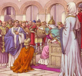 Brunehilda, koningin van de Bourgondiërs, verdrijft Columbanus (gouache op papier)