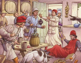 Boerengevechten in 15e-eeuws Italië (gouache op papier)