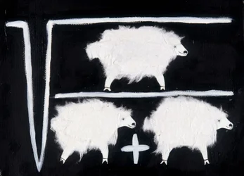 Klonen: Een wiskundig symbool dat berekeningen met vierkantswortel, deling en optelling voorstelt, met een schaap als proefkonijn. Collage van witte katoen op een zwarte achtergrond.