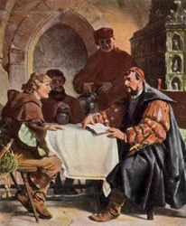 Luther als Junker Jörg in de "Bären" in Jena met Zwitserse studenten