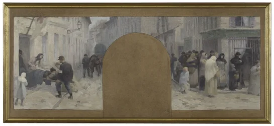 Schets voor het Hôtel de Ville de Paris, kabinet van de prefect: Vervoer van gewonden naar de ambulance. Wachtrijen voor een winkel tijdens het beleg van Parijs in 1870