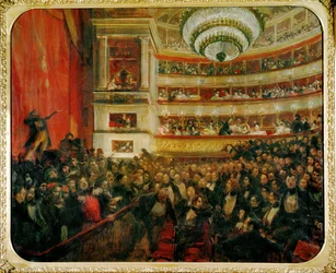 De Parijs-eerste avond van de opera Ernani van Verdi, tekst naar de roman van Victor Hugo (schilderij op doek)