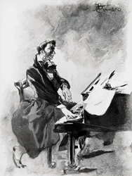 De componist en pianist Frederic Chopin die piano speelt