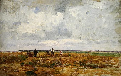 Een landschap in Dachau met boeren en vrouwen die op het land werken