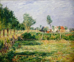 Holland, landschap met boerderijen achter tuinen