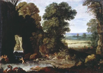 Boslandschap met nimfen en saters