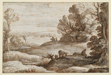 Heuvellandschap met bomen en uitzicht, op de voorgrond twee mannen en een ezel