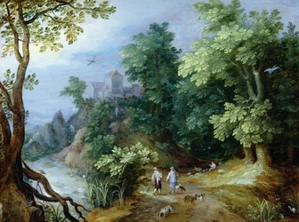 Landschap met jagers en honden