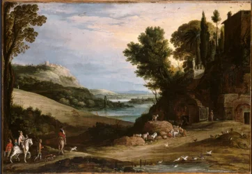 P.Bril, Italiserend landschap met valkenjacht
