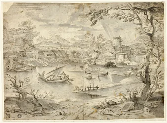 Uitzicht op de stad met vissersboot op de voorgrond