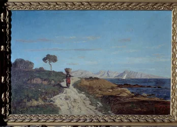 Rond Marseille in 1866: zeegezicht met vrouw die een mand op haar hoofd draagt en op een weg loopt. Schilderij door Paul Camille Guigou (1834-1871). 1866. Curieus. Perigord Museum