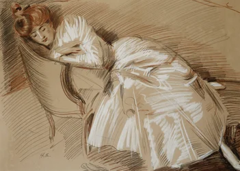 Madame Helleu liggend op een chaise-longue