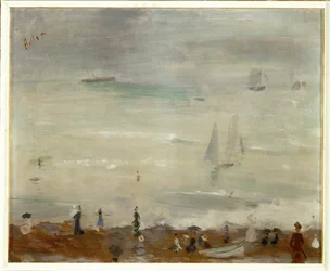 Op het strand, Dieppe, impressie, grijze zee (olieverf op doek)