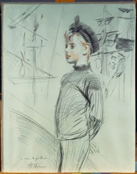 Portret van een jonge jongen in een matrozenhoed en coltrui, met schepen op de achtergrond