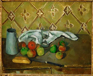 Fruit, servet en kannetje melk