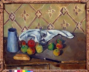 Vruchten, handdoek, brood en melkdoos Schilderij door Paul Cézanne (1839-1906) 1880 Parijs, Musée de l