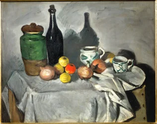 Stilleven: Potten, fles, beker en fruit (olieverf op doek)