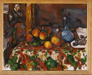 Stilleven met perziken, karaf en figuur (olieverf op doek)