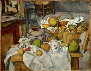 Stilleven keukentafel met een fruitmand op een tafel