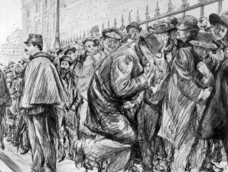 Wachtrij buiten het Paleis van Justitie tijdens het proces tegen Marguerite Steinheil, Parijs, Frankrijk, 1909