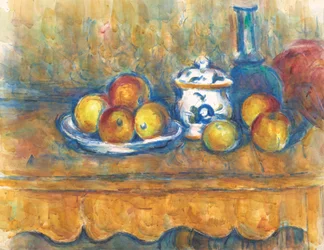 Stilleven met blauwe fles, suikerpot en appels