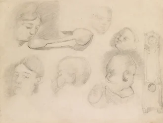 Studies van een kinderhoofd, een vrouwenhoofd, een lepel en een staande klok, c1872
