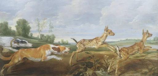 Een jachtscène: honden achtervolgen twee faunen