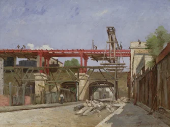 Arbeiders verhogen de ringwegspoorlijnen op de brug van de Rue de la Voute, Parijs, 1888