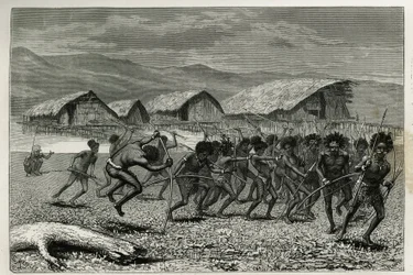 Afdaling van de Papoea Arfaks krijgers in Dorey (Nieuw West-Guinee), gravure door E.Mesples, ter illustratie van de reis naar Nieuw-Guinee door Achille Raffray, belast met een wetenschappelijke missie door het Ministerie van Openbaar Onderwijs, 1876-1877, 